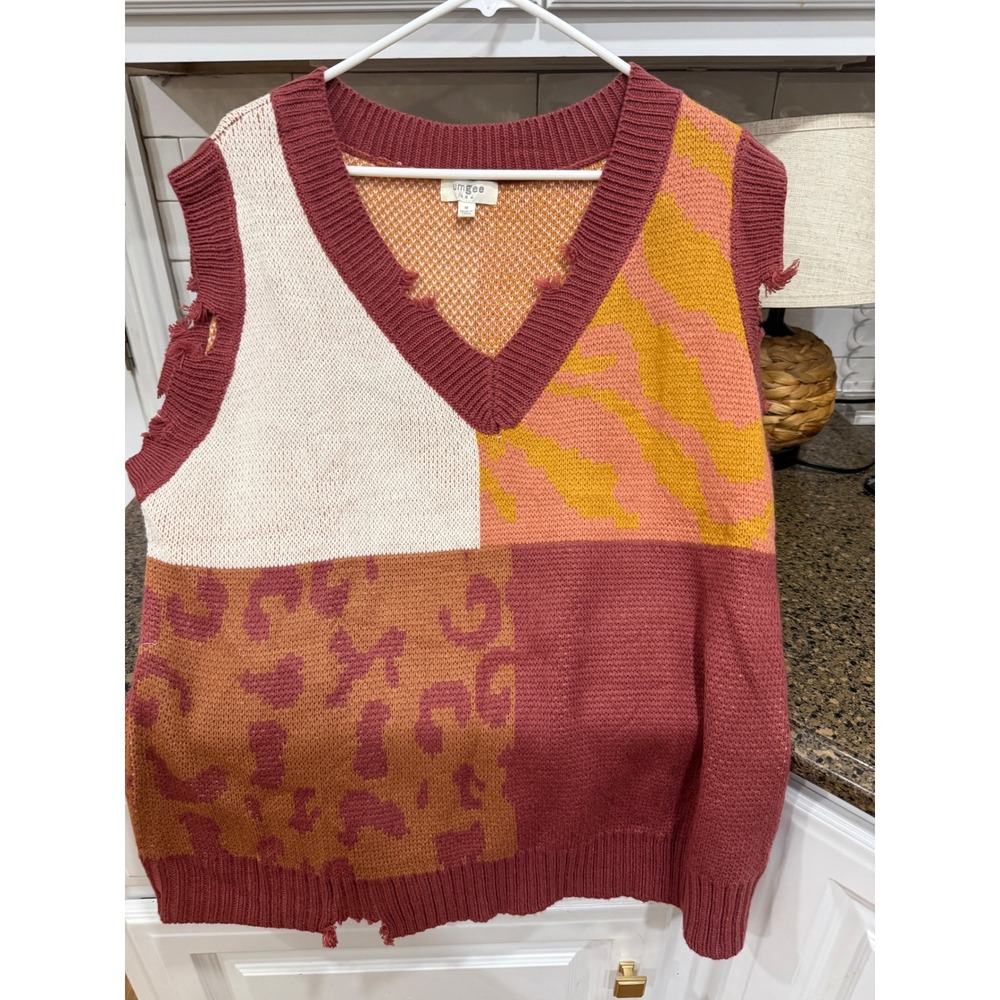 Umgee Womens‎ Colorblock Animal Print Distressed V-Neck Sweater Vest Rust Medium